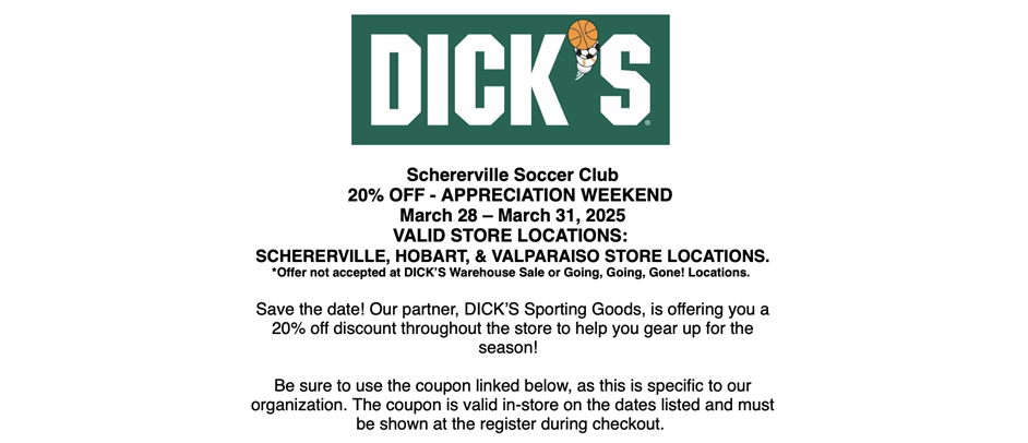 Schererville Soccer Club 20% OFF - APPRECIATION WEEKEND